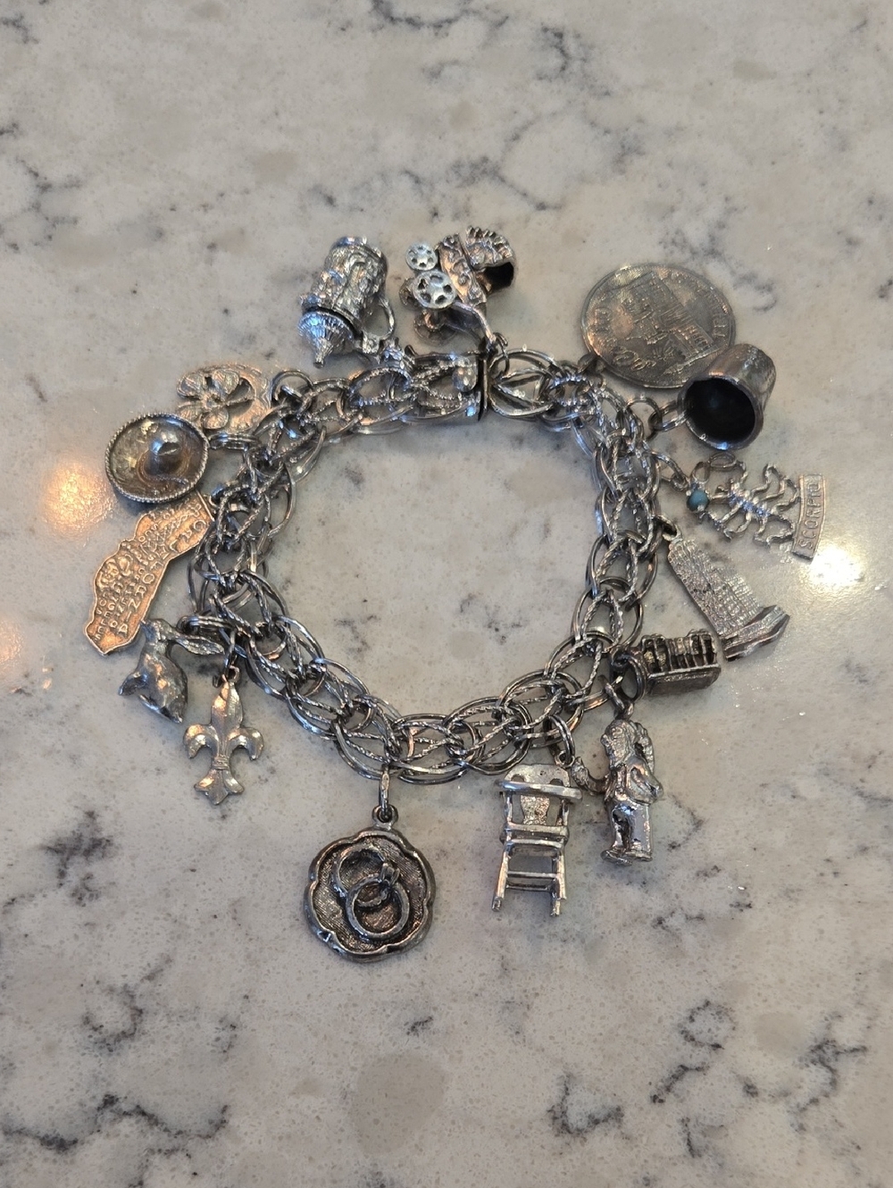 Vintage 925 CA Sterling Silver Heavy Double Link Charm Bracelet - 15 Charms 46G